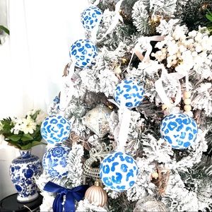 5 Blue White Cheetah Ornaments
